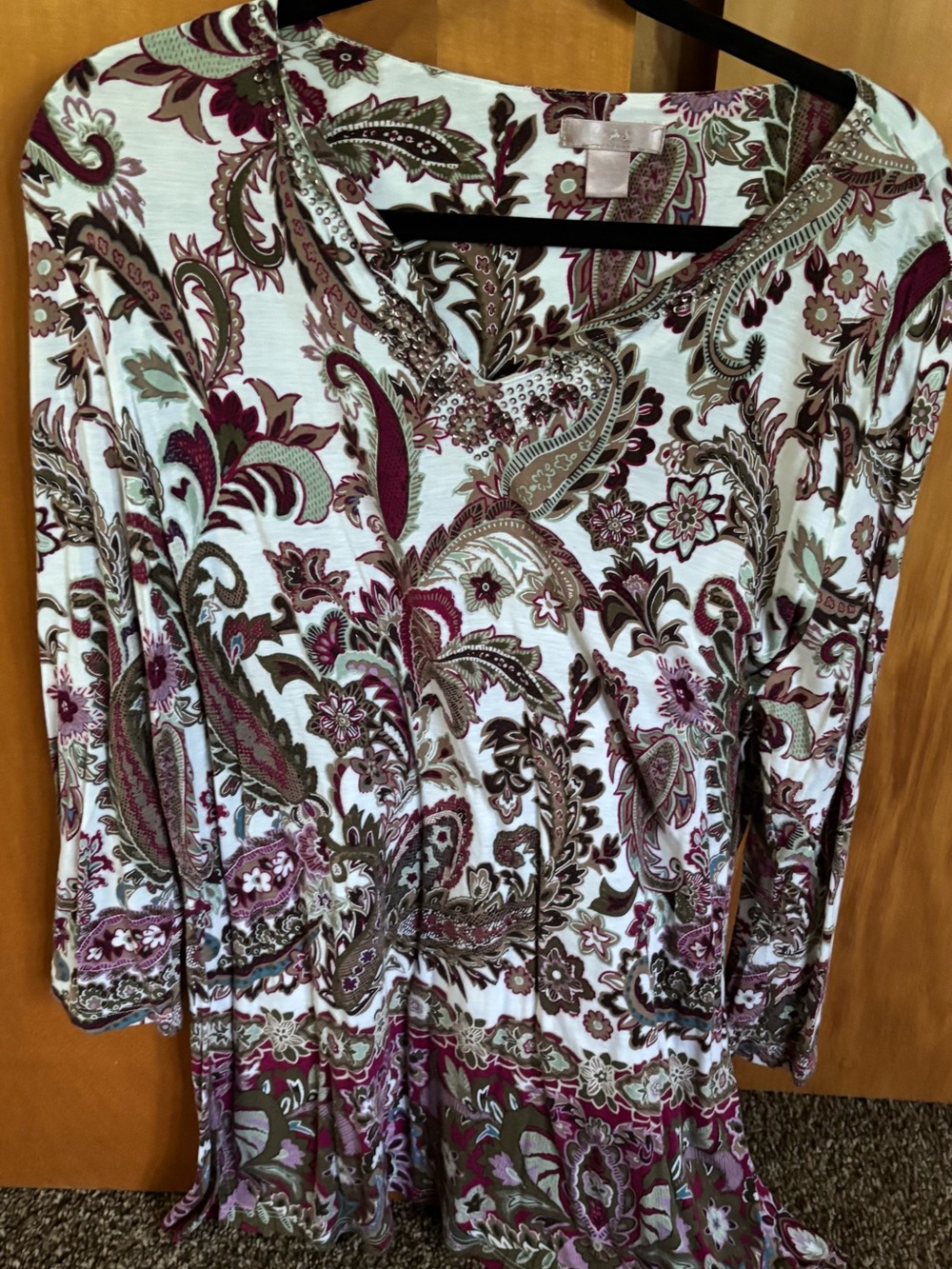 White Stag Floral Paisley Rayon Top in White, Burgundy & Olive